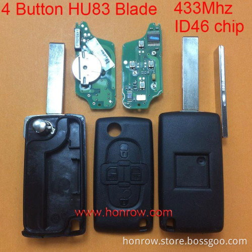 Cheapest Citroen ASK 4 button flip remote key with HU83 407 blade 433Mhz ID46 Chip (After April 2011 year)